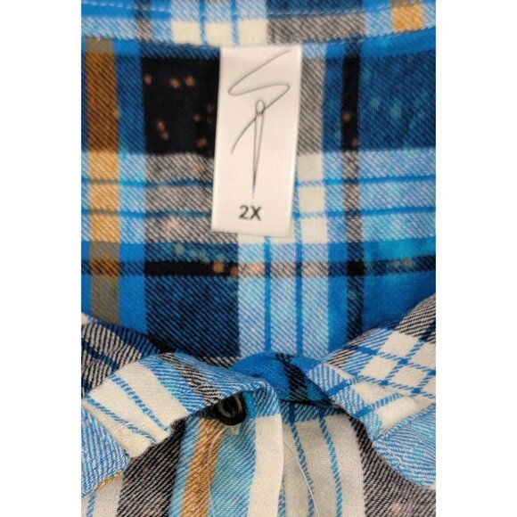 Blue Plaid Shirt Light Weight Long Sleeve Button-Up Pockets Womens 2X New - Picture 4 of 7